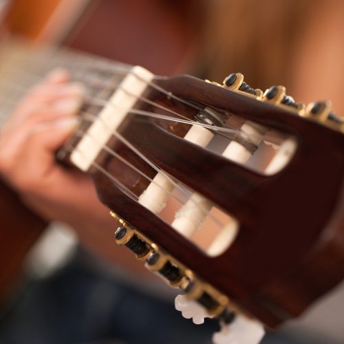 Closeup image of guitar in caucasian woman hands